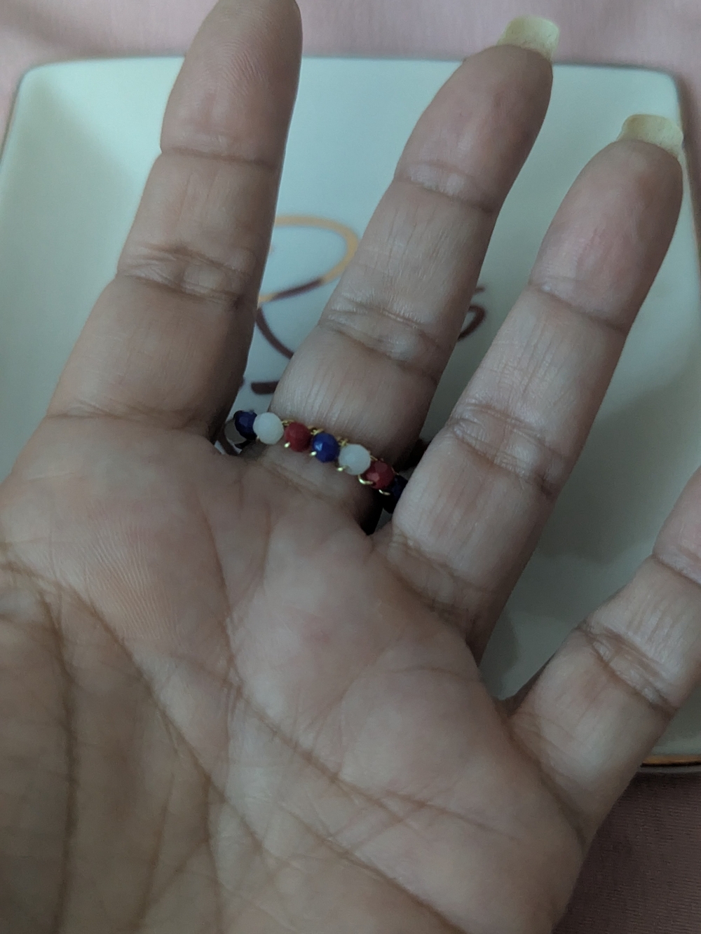 Delicate Multicolor Beaded Ring - White, Blue & Red
